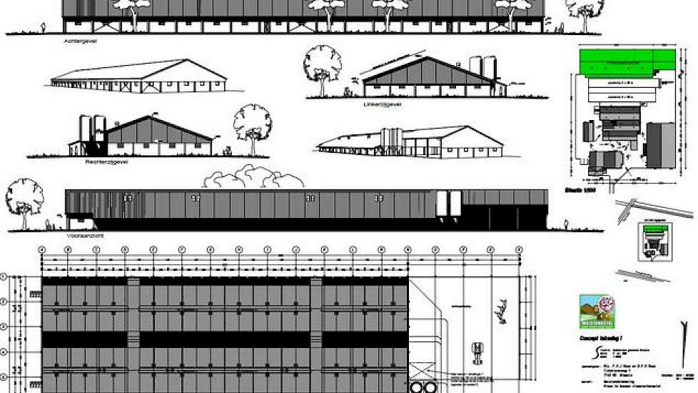 Op de bouwtekening is te zien dat de stal bij Bjorn Roes in Groenlo anders is ingedeeld dan traditionele varkensstallen. In plaats van afdelingen links en rechts van de centrale gang die in de lengterichting van de stal ligt, liggen de controlegangen nu i