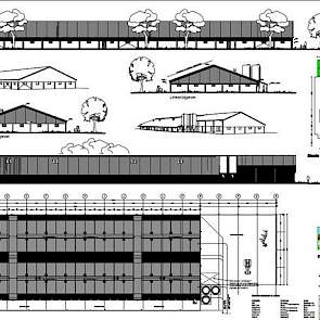 Op de bouwtekening is te zien dat de stal bij Bjorn Roes in Groenlo anders is ingedeeld dan traditionele varkensstallen. In plaats van afdelingen links en rechts van de centrale gang die in de lengterichting van de stal ligt, liggen de controlegangen nu i