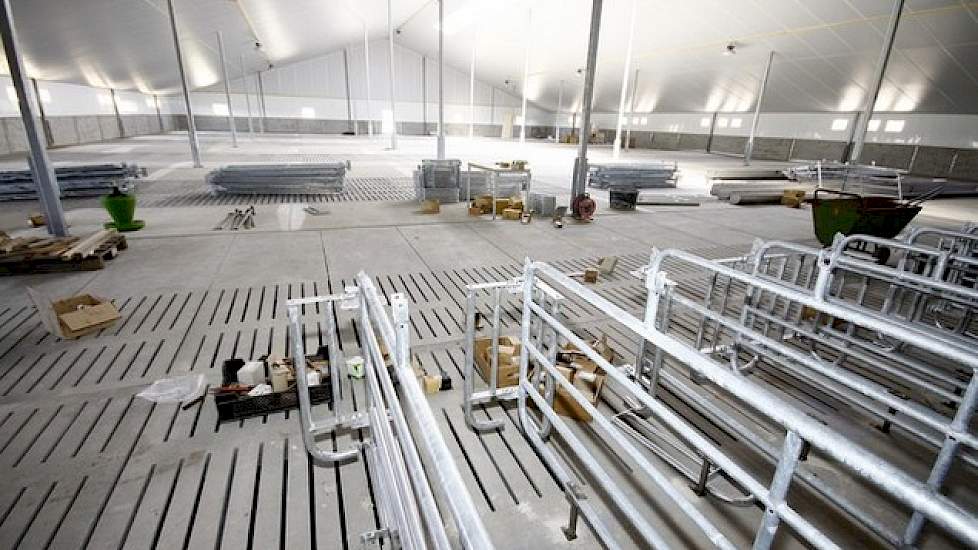 Achter de bestaande stallen is een nieuwe stal gebouwd waar Spanjers straks 700 dragende zeugen kan huisvesten. Vooraan in deze stal heeft de varkenshouder 2x 50 boxen laten plaatsen die hij, nu het nog mag, gaat gebruiken als wachtstal waar hij de zeugen