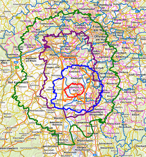 De nieuwe grenzen van de beperkingszones. Beperkingszone I (groen) treft nu ook de regio Mannheim.