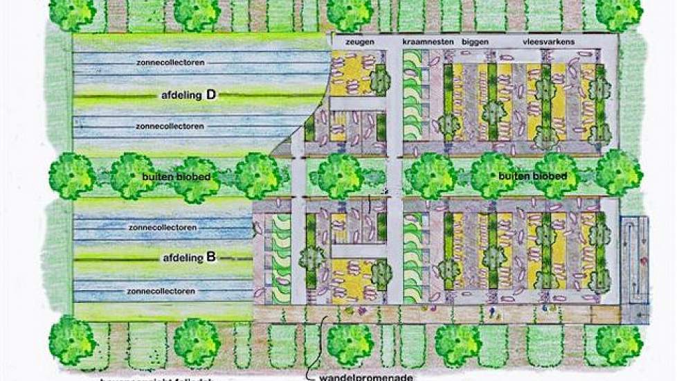 Het Varkenshof is uitgerust met een lichte bovenbouwconstructie met veel daglichttoetreding.  De dakconstructie is uitgerust met isolerende folie en zonnecollectoren, waardoor een energie-neutrale stal mogelijk is.