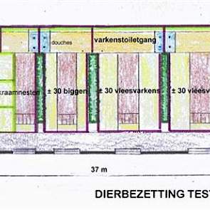 De kraamnesten die het natuurlijke nest zoveel mogelijk nabootsen en waarin het varken zijn biologische nestgedrag kan volgen. De stal is voorzien van een doorschuifsysteem als houderijsysteem, waarbij een groep zeugen biggen krijgt die gezamenlijk op dez