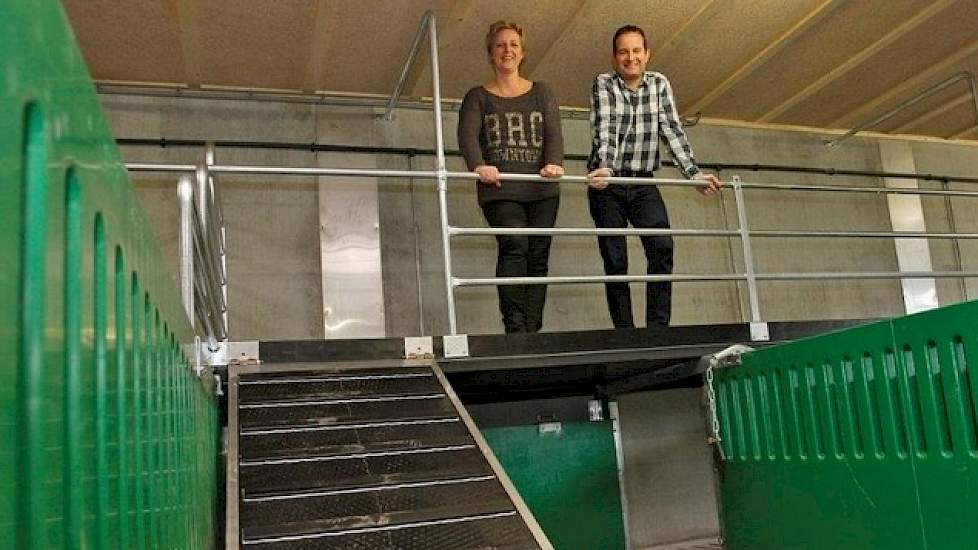 Hans en Petra Gerrits in hun nieuwe stal met speel plateau. De kunststofpanelen en het plateau zijn van gerecyclede Heinekenkratjes gemaakt.